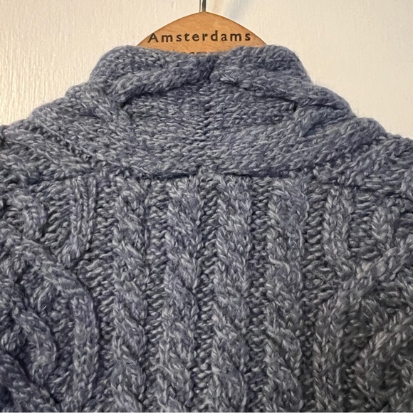 Authentic Irish Aran Merino Wool Cable Knit Sweater Vest Slate Blue Cozy Pockets - Picture 4 of 10